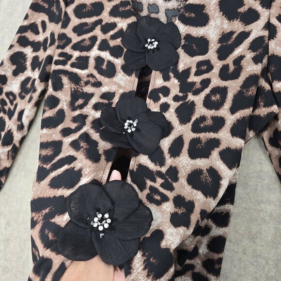 Womens Long Sleeve Leopard Print Blouse With Decorative Black Flower Accents - Picture 3 of 6
